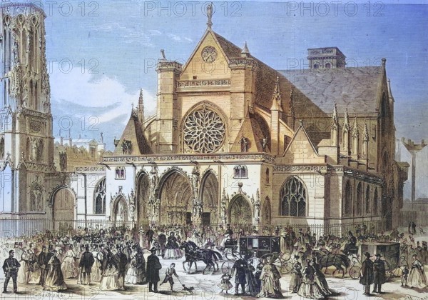 Parish Church of Saint-Germain-l'Auxerrois is an important late Gothic church in Paris, Queen Isabella II of Spain attends mass, 1869, France, Historic, digitally restored reproduction of an original 19th century artwork, exact original date unknown, Europe