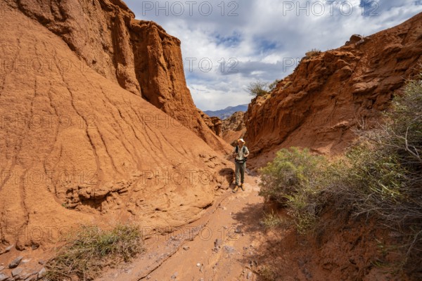Mountaineers in a canyon with a dry stream bed, eroded mountain landscape with red sandstone rocks, rock formations, Konorchek Canyon, Chuy, Kyrgyzstan, Asia