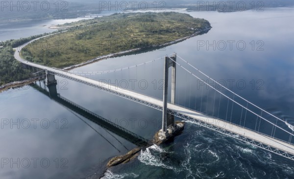 Aerial view of suspension bridge over fjord Efjord, road E6, northern Norway