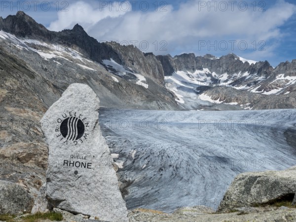 Monument above the Rhone glacier, to mark the source of the Rhone River, Switzerland, Europe