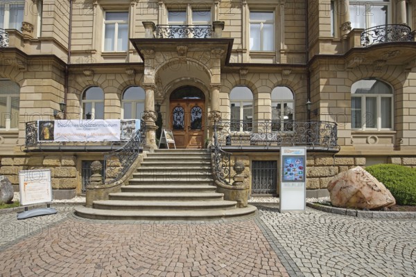 German Gemstone Museum, entrance with stairs and mineral stone, Idar-Oberstein, Hunsrück, Rhineland-Palatinate, Germany, Europe