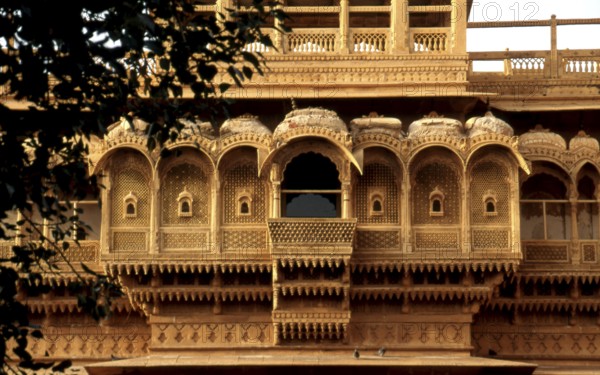Facade of a haveli, urban mansion ornately decorated with carvings, Jaisalmer, India, Asia