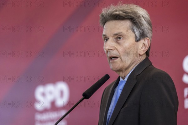 Rolf Mützenich, SPD parliamentary group leader, recorded as part of a press statement in front of the parliamentary group meeting of the SPD parliamentary group in the German Bundestag in Berlin, 9 April 2024