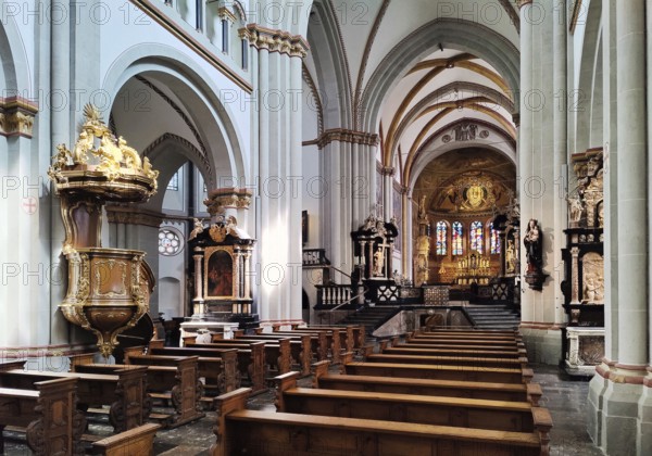 Interior view of Bonn Minster, nave with view of the eastern apse, Bonn, North Rhine-Westphalia, Germany, Europe