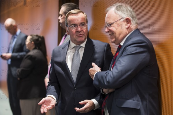 Boris Pistorius (Federal Minister of Defence, SPD) and Stephan Weil (Minister-President of Lower Saxony, SPD) in conversation in front of the consultations at the Minister-Presidents' Conference with the heads of government of the federal states at the Federal Chancellery, Berlin, 20.06.2024