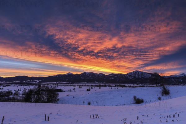 Dawn, clouds over mountains, winter, snow, Loisach-Lake Kochel moor, Kochler mountains behind, Bavaria, Germany, Europe
