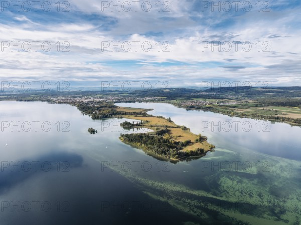 Aerial view of the Mettnau peninsula near Radolfzell on Lake Constance, the Hegau mountains on the horizon, district of Constance, Baden-Württemberg, Germany, Europe