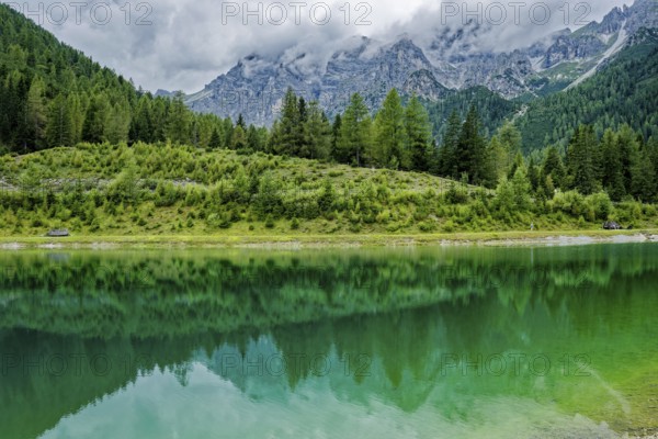 Panoramic lake, mountain lake, Stubai Alps near Telfes and Fulpmes, high mountains of the Alps, weather mood, cloud mood, Tyrol, Austria, Europe