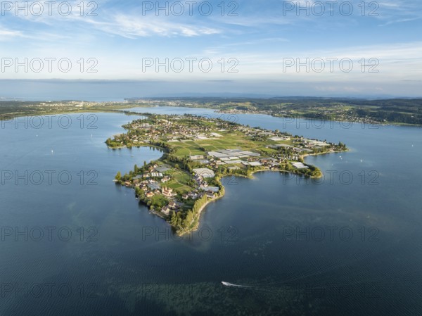 Aerial view, of the north-western tip of the island of Reichenau in Lake Constance, with the district of Niederzell and the columned basilica of St Peter and Paul, with Windegg Castle on the shore, district of Constance, Baden-Württemberg, Germany, Europe
