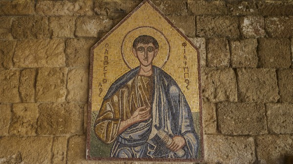 Monastery of Our Lady of Mount Filerimos, mosaic depiction of a holy person in front of a stone wall, representative of religious art, Filerimos, hill not far from Rhodes Town, Ancient State of Ialyssos, Rhodes, Dodecanese, Greek Islands, Greece, Europe