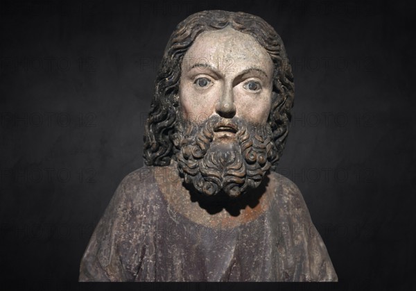 Head of Jesus, around 1470, on a dark background, only the body of Jesus remains of the palm donkey, Strigel Museum, Martin-Luther-Platz 1, Memmingen, Swabia, Bavaria