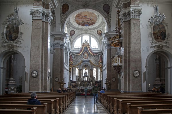 Church, baroque basilica of St. Mang, interior view, Füssen, Ostallgäu, Bavaria Germany