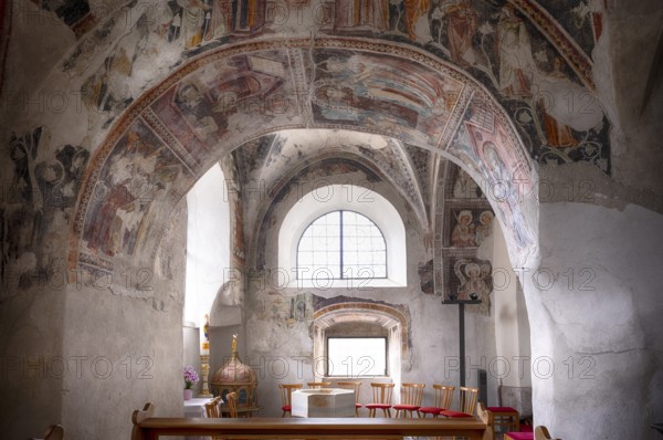 Interior, Romanesque frescoes, Old Parish Church of the Assumption of the Virgin Mary, Scena, South Tyrol, Autonomous Province of Bolzano, Italy, Europe