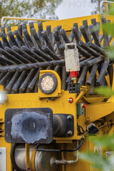 Close-up of details of a yellow machine with technical equipment, tamping machine, Hermann Hessebahn, Calw, Black Forest, Germany, Europe