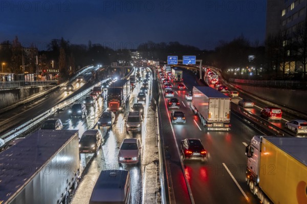 Evening traffic jam on the A40 motorway, Essen-Huttrop junction, traffic jam in both directions, North Rhine-Westphalia, Germany, Europe