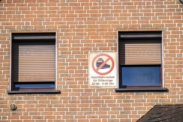 Protest poster for a ban on night trains, Upper Middle Rhine Valley, railway line on the right bank of the Rhine, goods train line, up to 400 freight trains pass through the Rhine Valley on both sides within 24 hours, directly through villages and close to buildings, Rhineland-Palatinate, Germany, Europe