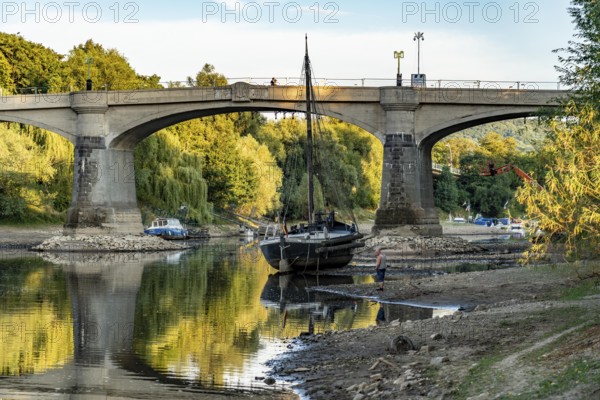The Rhine at extremely low water, near Bad Honnef Rhöndorf, below the Drachenfels, the historic Rhine ship, Aalschokker Aranka, in the Old Rhine arm, on the island of Grafenwerth, Grafenwerth Bridge, dry Rhine bank, North Rhine-Westphalia, Germany, Europe