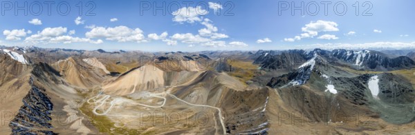 Panorama, aerial view, road with serpentines, mountain pass in the Tien Shan, Chong Ashuu Pass, Kyrgyzstan, Issyk Kul, Kyrgyzstan, Asia