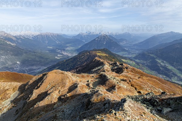 Kreuzjoch summit, view of Tschirgant summit and the Oberinntal valley and into the Pitztal valley, in autumn, Venet crossing, Ötztal Alps, Tyrol, Austria, Europe