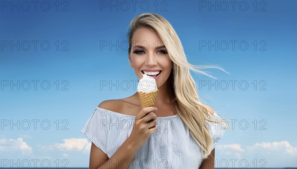 A blonde woman enjoys eating an ice cream in a cone