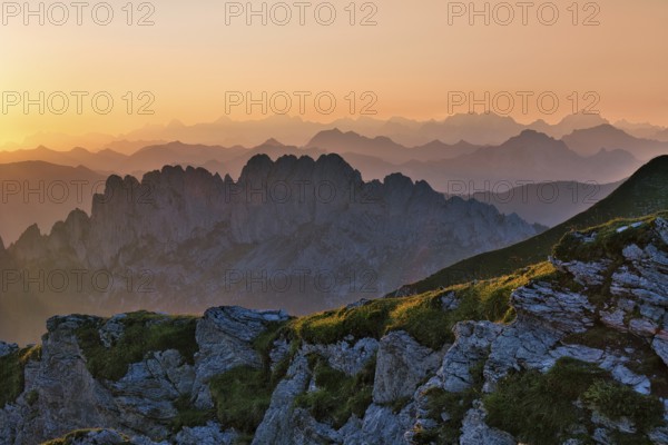 Fribourg Prealps with Gastlosen mountain range at sunrise, Bernese Alps behind, cantons of Fribourg and Bern, Switzerland, Europe