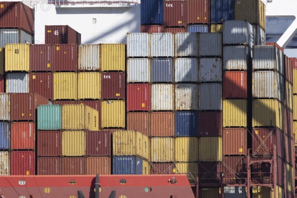 Containers on a ship at the port of Felixstowe, Suffolk, England, United Kingdom, Europe