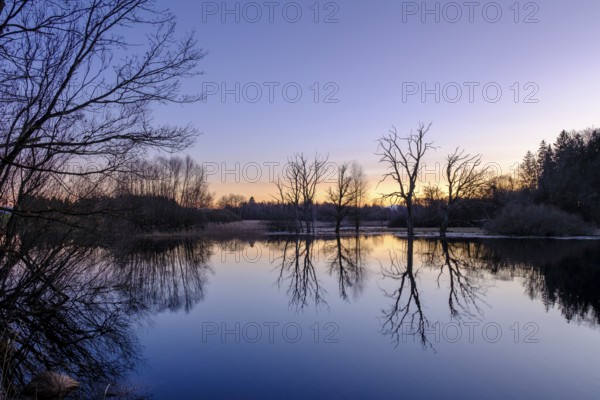 Sunset at the wet meadows, pond, Seeachtn near Machtlfing, Fünfseenland, Upper Bavaria, Bavaria, Germany, Europe