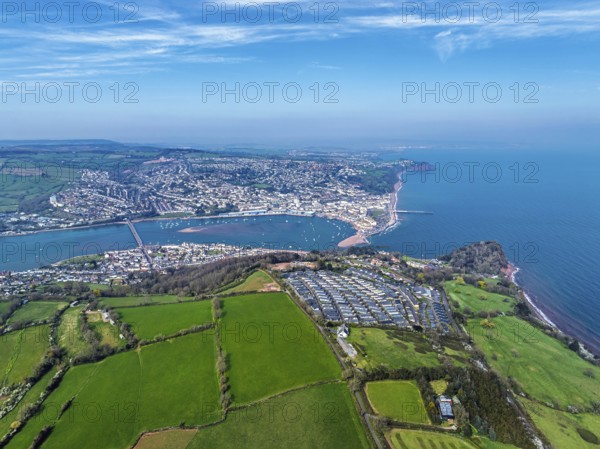 Coast View Holiday Park, Farms and Fields over River Teign from a drone, Teignmouth, Shaldon, Devon, England, United Kingdom, Europe
