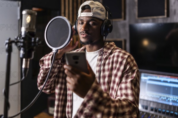 Young man recording vocals for new hit album in professional music studio, using pop filter and headphones