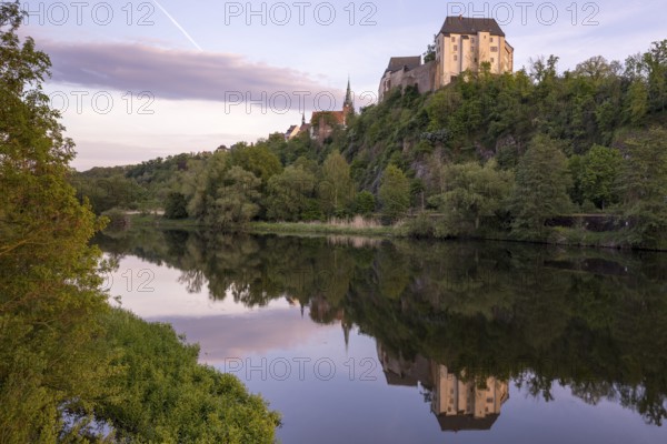 Mildenstein Castle and St Matthäi Church reflected in the Freiberger Mulde, Leisnig, Saxony, Germany, Europe