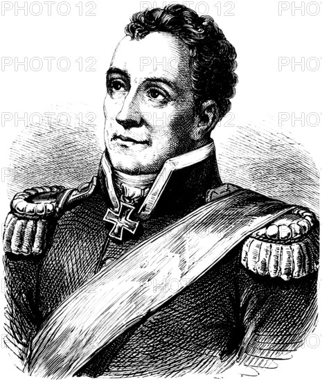 Portrait of Prince Karl August von Hardenberg, Prussian statesman, reformer and minister, Prussia, uniform, medal, smile, historical illustration 1882