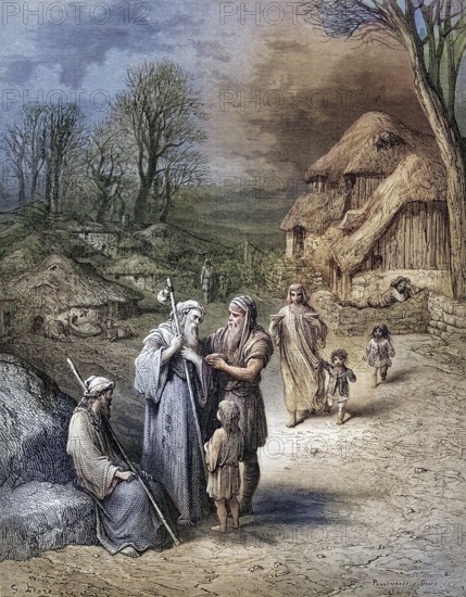 Pilgrims being fed by peasants, Historical, digitally restored reproduction from a 19th century original, Record date not stated