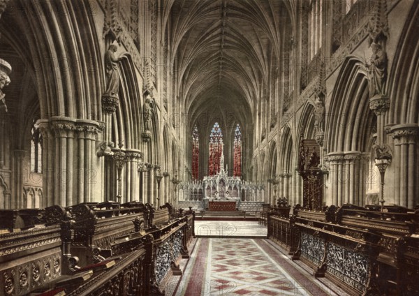 Choir of Lichfield Cathedral is an Episcopal Church of the Church of England, County of Staffordshire, dedicated to St Chad of York and the Virgin Mary, c. 1890, Historic, digitally restored reproduction from a 19th century original