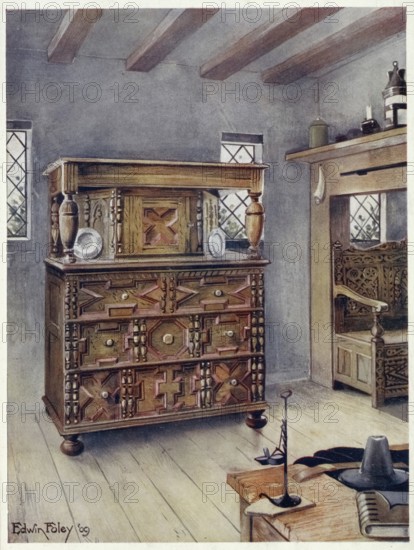 Furniture around the turn of the century 1900, The Putnam cupboard of English oak and cedar, Carved settle of American oak (1910, 1911), The Putnam cupboard of English oak and cedar, Carved settle of American Oak (1910, 1911) .jpg