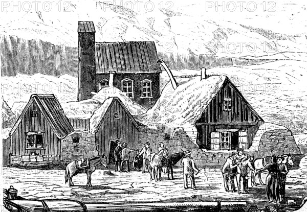 Country vicarage and church in Thingvalla in Iceland, in 1870, Historical, digital reproduction of an original from the 19th century