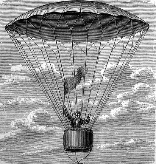 Parachute in 1880, floating down, historical, digital reproduction of an original from the 19th century