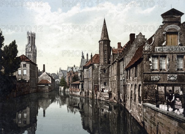 The Canal and Belfry, Bruges, Belgium, Historical, digitally restored reproduction from a 19th century original, Record date not stated, Europe
