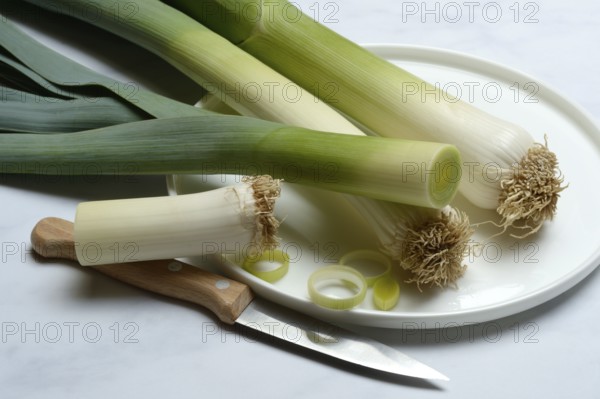 Leek, leek sticks on plate with knife, leek