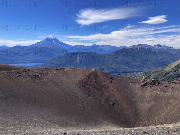 The crater at the summit of the Achen Niyeu volcano, Lanin in the background, in Lanin National Park, Patagonia, Argentina, South America