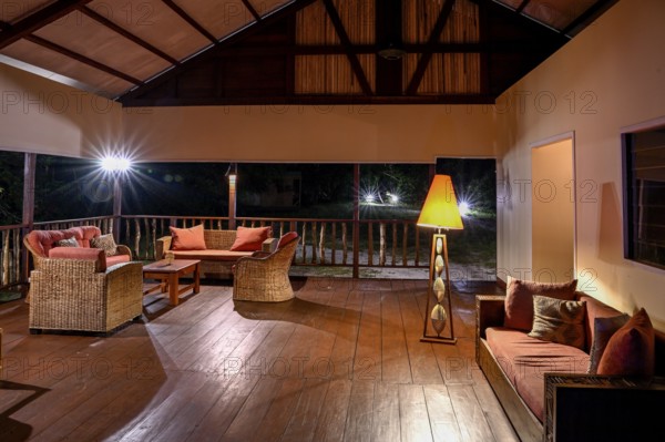 Loango Lodge, main building, interior view, night, Loango National Park, Parc National de Loango, Ogooué-Maritime Province, Gabon, Africa