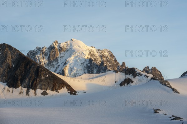 High alpine mountain landscape at sunset, Glacier du Tour, Glacier and mountain peaks in the evening light, summit of the Aiguille Verte, Chamonix, Haute-Savoie, France, Europe