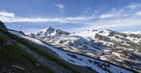 High alpine mountain landscape, summit of the Aiguille de Chardonnet and Glacier du Tour, glaciers and mountain peaks, Chamonix, Haute-Savoie, France, Europe