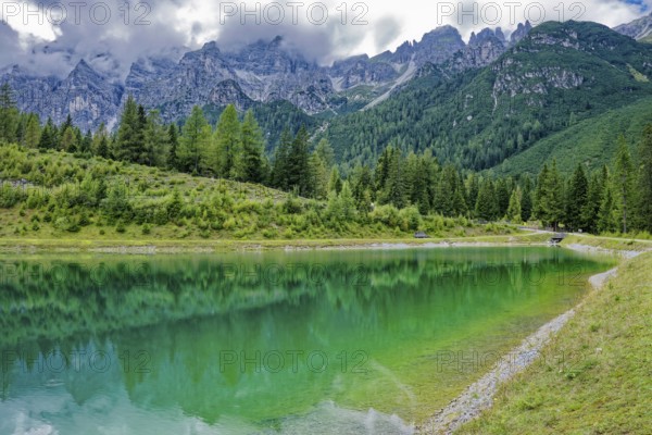 Panoramic lake, mountain lake, Stubai Alps near Telfes and Fulpmes, high mountains of the Alps, weather mood, cloud mood, Tyrol, Austria, Europe