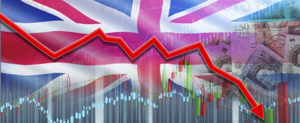 UK financial crisis on economic graph, economic collapse. Financial fall of United Kingdom economy on financial graph
