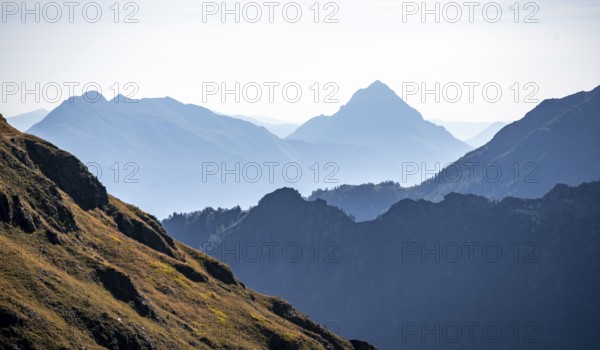 Blue mountain silhouettes, Carnic High Trail, Carnic Alps, Carinthia, Austria, Europe