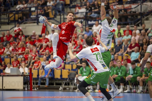 06.09.2024, 2nd HBL (German Handball League), Matchday 1: Eulen Ludwigshafen against GWD Minden. Picture: Mex Raguse (8, Ludwigshafen) with a shot on goal