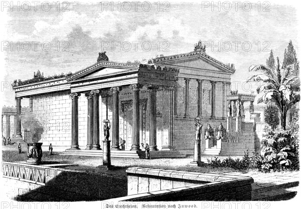 Erechtheion Temple Acropolis Athens, Ionic architectural style, garden, palm trees, Greeks in antiquity, historical illustration ca. 1890