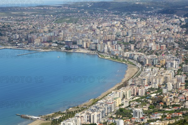 Oblique aerial view of city of Vlore, Albania, Europe
