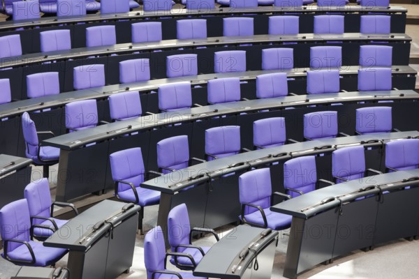 Empty plenary chamber in the German Bundestag, equipped with office swivel chairs in the special colour Reichstag Blue, Berlin, 13.06.2024., Berlin, Berlin, Germany, Europe