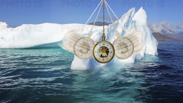 Symbol photo, iceberg, glacier melt, climate change, environmental protection, threat, clock, time, clock face, time, sensation, sense of time, duration of time, time window